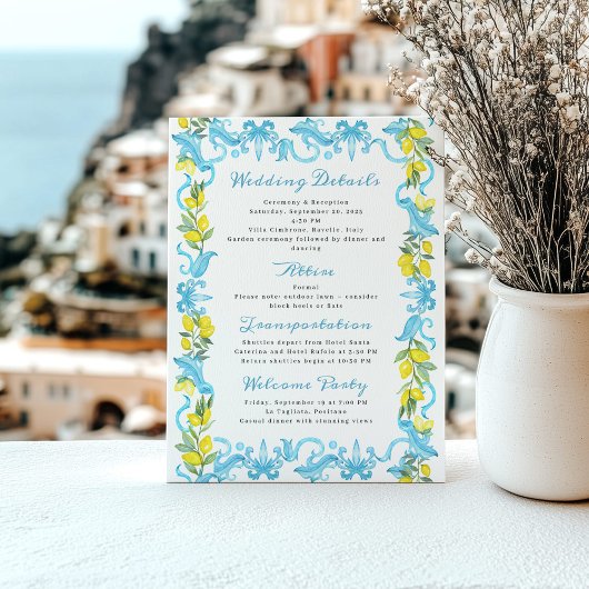 Italiaanse bruiloft details Amalfi Monogram Crest Informatiekaartje