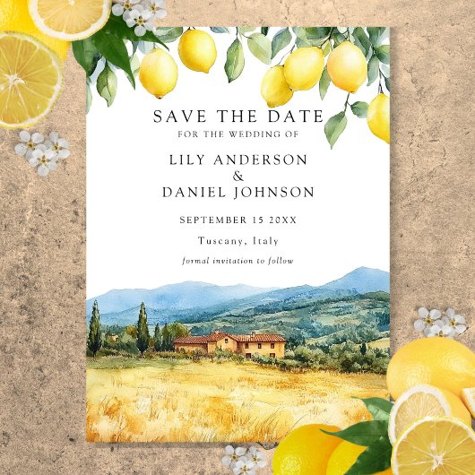 Italiaanse bruiloft met citroenen en Toscaans land Save The Date