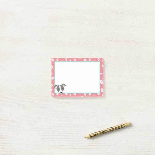 Italiaanse cartoon met windnoop Paw drukt koraal a Post-it® Notes (Op bureau)