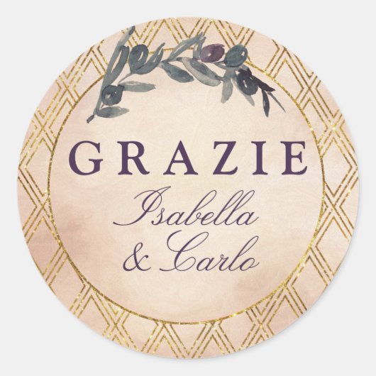Italiaanse Chic Olive Branch & Goud Lattice Ronde Sticker (Voorkant)