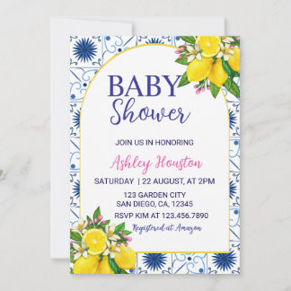 Italiaanse citroen blauwe tegel babyshower uitnodi kaart