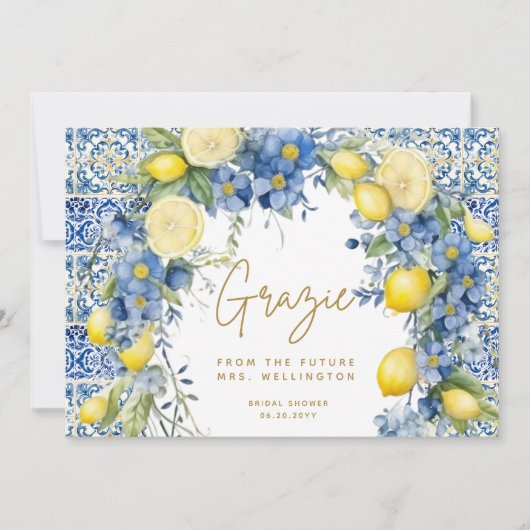 Italiaanse citroen blauwe tegels Italië Bruidsdouc Bedankkaart (Voorkant)