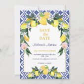 Italiaanse citroen blauwe tegels mediterraan huwel save the date (Voorkant)