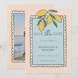 Italiaanse citroen perzik streep blauw kust bruilo save the date