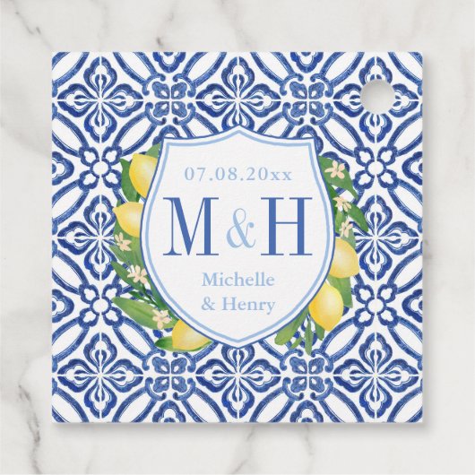 italiaanse citroenen blauwe Tegel bruiloft monogra Bedankjes Labels (Achterkant)