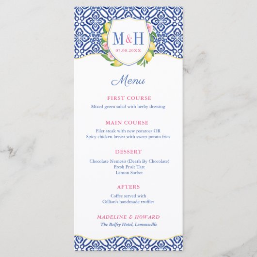 italiaanse citroenen blauwe Tegel monogram bruilof Menu (Voorkant)