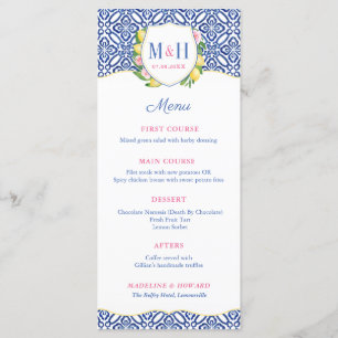 italiaanse citroenen blauwe Tegel monogram bruilof Menu
