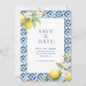 Italiaanse Citrus Lemon Blue Tegel Bewaar de datum Kaart (Voorkant)