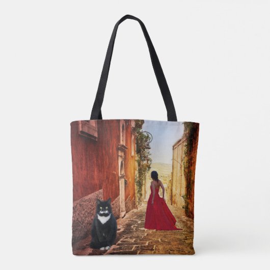 Italiaanse dame in Red Tuxedo Cat Fine Art Canvas Tote Bag (Achterkant)