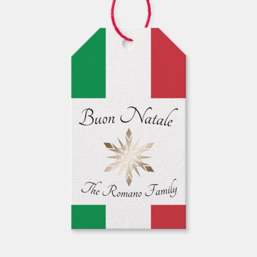 Italiaanse familienaam Buon Natale Flag en Snowfla Cadeaulabel (Voorkant)