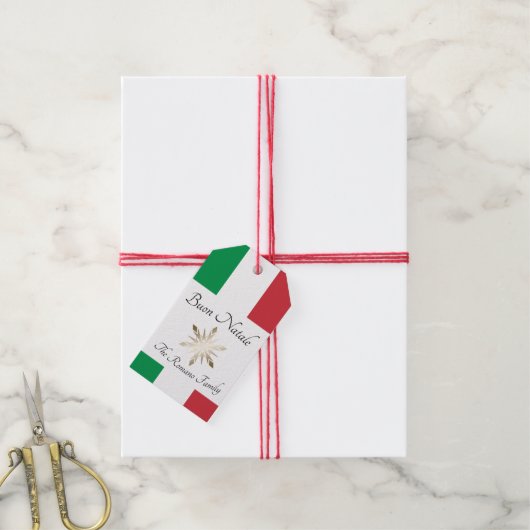 Italiaanse familienaam Buon Natale Flag en Snowfla Cadeaulabel (Met Touw)