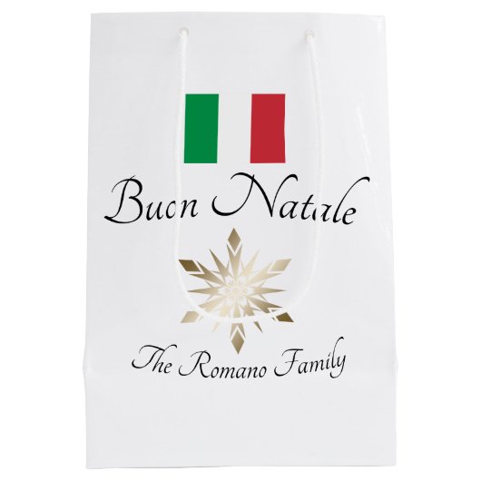 Italiaanse familienaam Buon Natale Flag en Snowfla Medium Cadeauzakje (Achterkant)