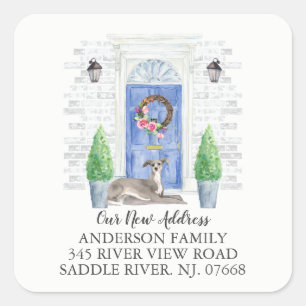 Italiaanse Greyhound Blauwe Deur Nieuw Adreslabel Vierkante Sticker