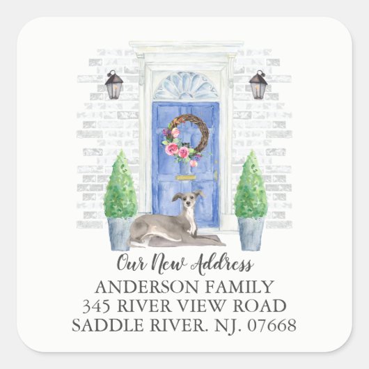 Italiaanse Greyhound Blauwe Deur Nieuw Adreslabel Vierkante Sticker (Voorkant)