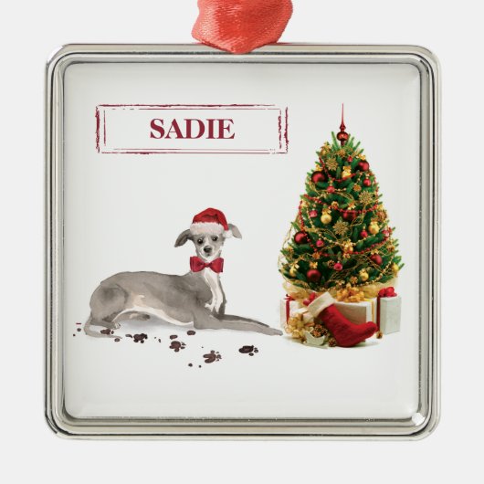 Italiaanse Greyhound Funny kersthond met boom Metalen Ornament (Voorkant)