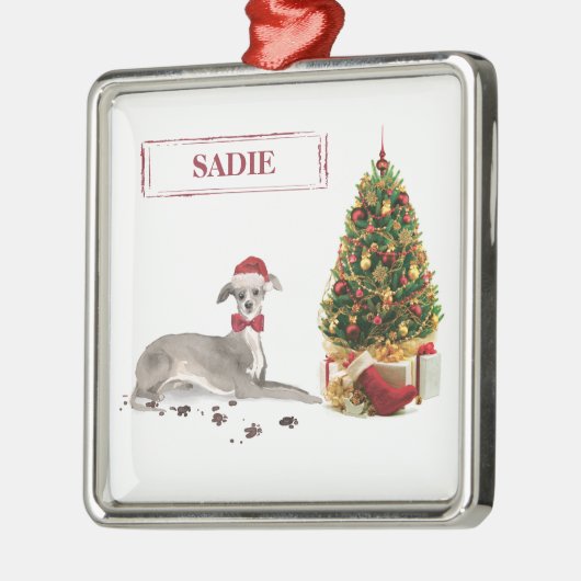 Italiaanse Greyhound Funny kersthond met boom Metalen Ornament (Links)