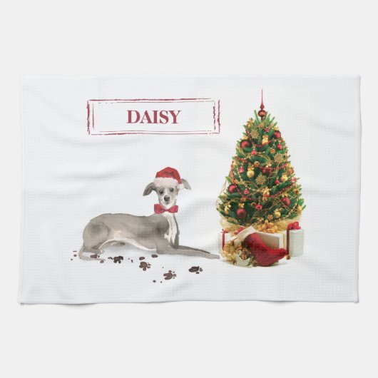 Italiaanse Greyhound Funny kersthond met boom Theedoek (Horizontaal)