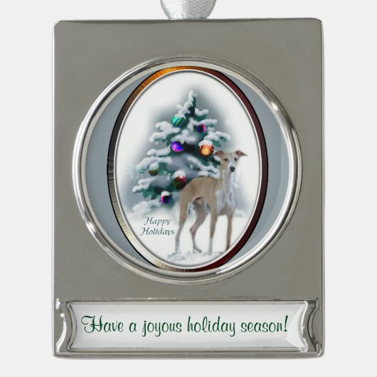 Italiaanse Greyhound gepersonaliseerde Kerstmis Verzilverd Banner Ornament (Voorkant)