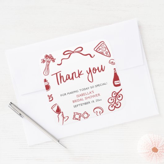 Italiaanse handgetekende pizza dank je bruidsfeest vierkante sticker (Envelop)