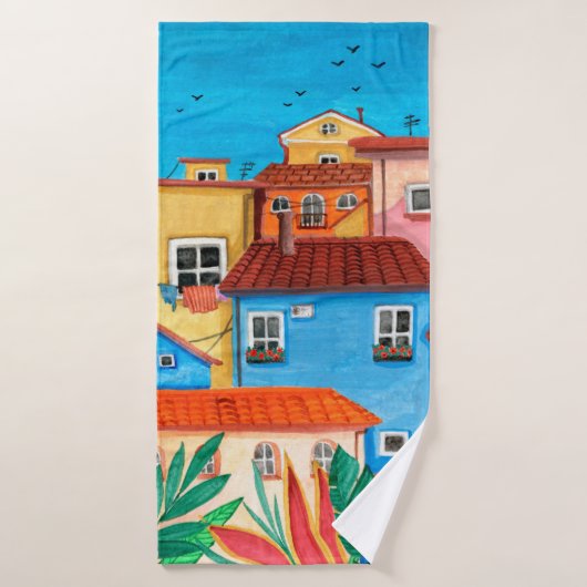 Italiaanse huizen. Gouache Badhanddoek (Badhanddoek)