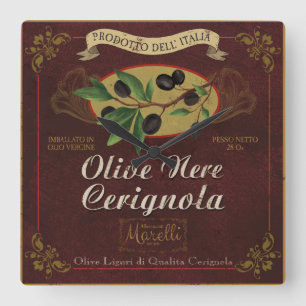 Italiaanse keuken- en keukenklok, Retro-Olijflabel Vierkante Klok