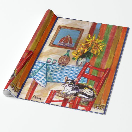 ITALIAANSE KITCHEN IN FLORENCE , SUNFLOWERS EN CAT CADEAUPAPIER (Uitgerold)