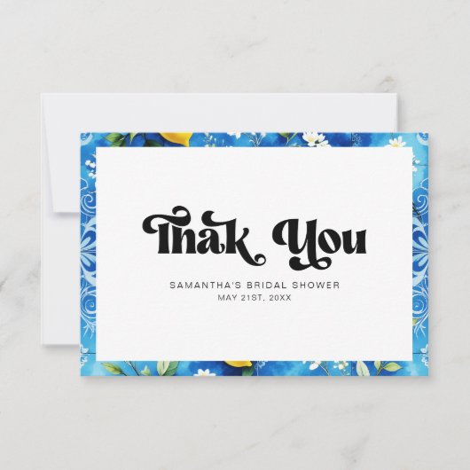 Italiaanse kustblauwe aquarel citroen bruidsdouche bedankkaart (Voorkant)