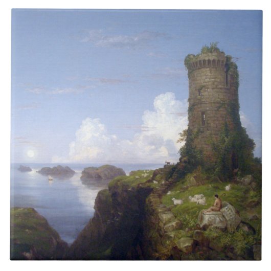 Italiaanse kustscène met een verbrande toren tegeltje (Voorkant)