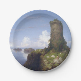 Italiaanse kustscène met een vervallen toren papieren bordje