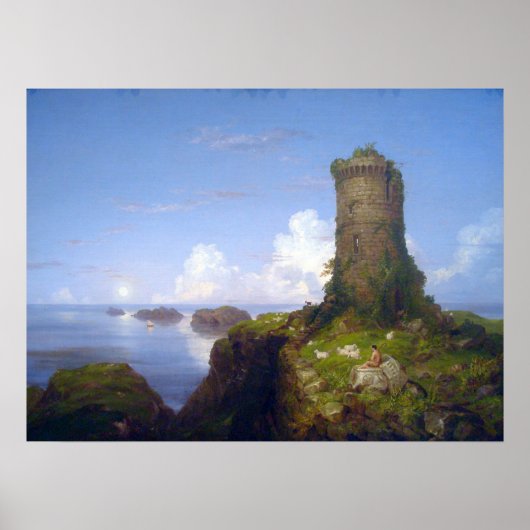 Italiaanse kustscène met ruïneerde toren - Thomas  Poster (Voorkant)