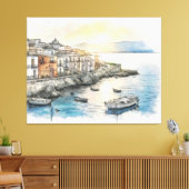 Italiaanse kuststad boten in een waterverfschets canvas afdruk (Insitu (Woonkamer))