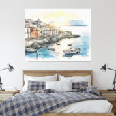 Italiaanse kuststad boten in een waterverfschets canvas afdruk (Insitu (Slaapkamer))