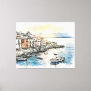 Italiaanse kuststad boten in een waterverfschets canvas afdruk
