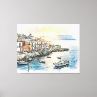 Italiaanse kuststad boten in een waterverfschets canvas afdruk