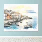Italiaanse kuststad boten in een waterverfschets canvas afdruk (Insitu (Houten vloer))