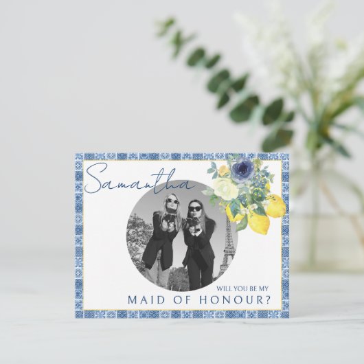 Italiaanse mediterrane citroen Maid of Honor foto Bedankkaart (Staand voorkant)