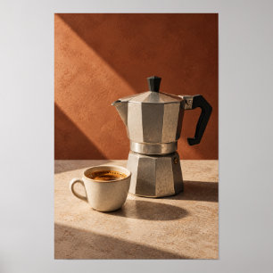 Italiaanse Moka Pot en Espresso – Warm Minimalisti Poster
