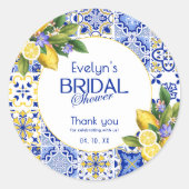 Italiaanse mozaïek blauwe tegel citroenen bruidsme ronde sticker (Voorkant)