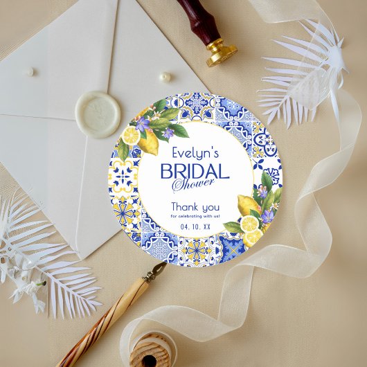 Italiaanse mozaïek blauwe tegel citroenen bruidsme ronde sticker