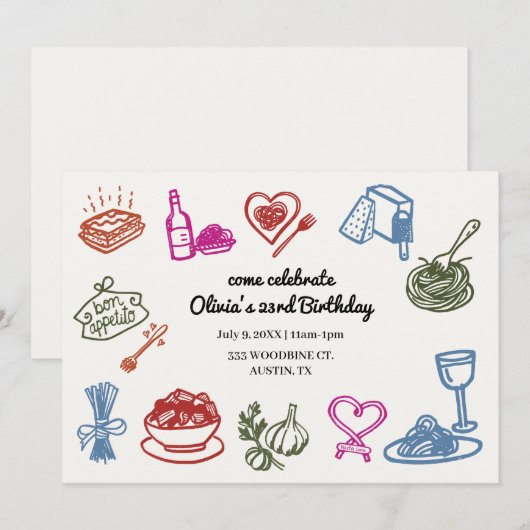 Italiaanse Pasta Party Verjaardag Kleurrijk Kaart (Voorkant / Achterkant)