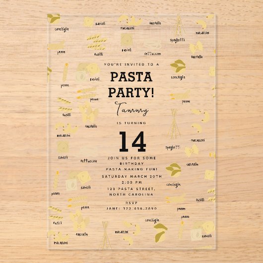 Italiaanse Pasta Vormen & Namen Pasta Making Verja Acryl Uitnodigingen (Voorkant)
