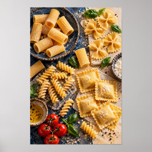 Italiaanse pastavariëteit met verse basilicum en t poster