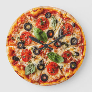 Italiaanse pizza met tomaten, olijven en basilicum grote klok