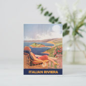 Italiaanse riviera, vrouw op hotel terras, vintage briefkaart (Staand voorkant)