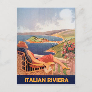 Italiaanse riviera, vrouw op hotel terras, vintage briefkaart