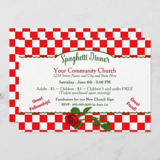 Italiaanse Spaghetti Dinner Invitaton - Rood/Wit Kaart (Voorkant / Achterkant)