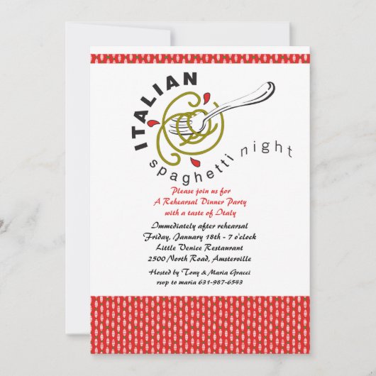 Italiaanse Spaghetti Rehearsal Dinner Invitation Kaart (Voorkant)