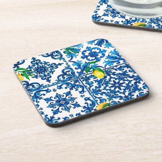 Italiaanse stijl, Mediterraan, mozaïek, blauw, cit Bier Onderzetter (Linkerzijde)