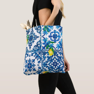 Italiaanse stijl, Mediterraan, mozaïek, blauw, cit Tote Bag