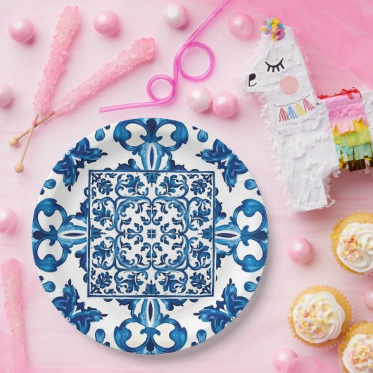 Italiaanse stijl, Mediterraan, mozaïek, blauw, Papieren Bordje (Feest)